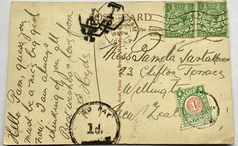 Birmingham England postcard with New Zealand stamp and other postal history post marks